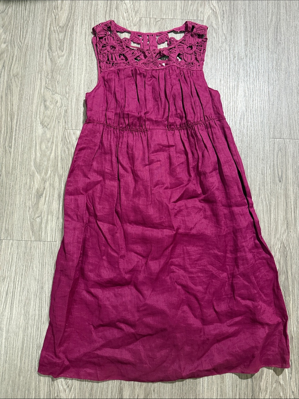 Vintage Max Studio Dress Womens XS Crochet Neck 100%Linen Silk Woven Beachy Line